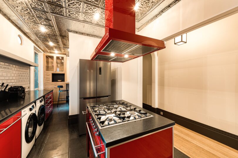 Furnished kitchen red and black